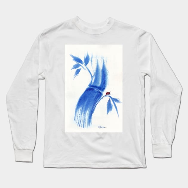 Feelin' Blue - Watercolor Ladybug & Bamboo Painting Long Sleeve T-Shirt by tranquilwaters